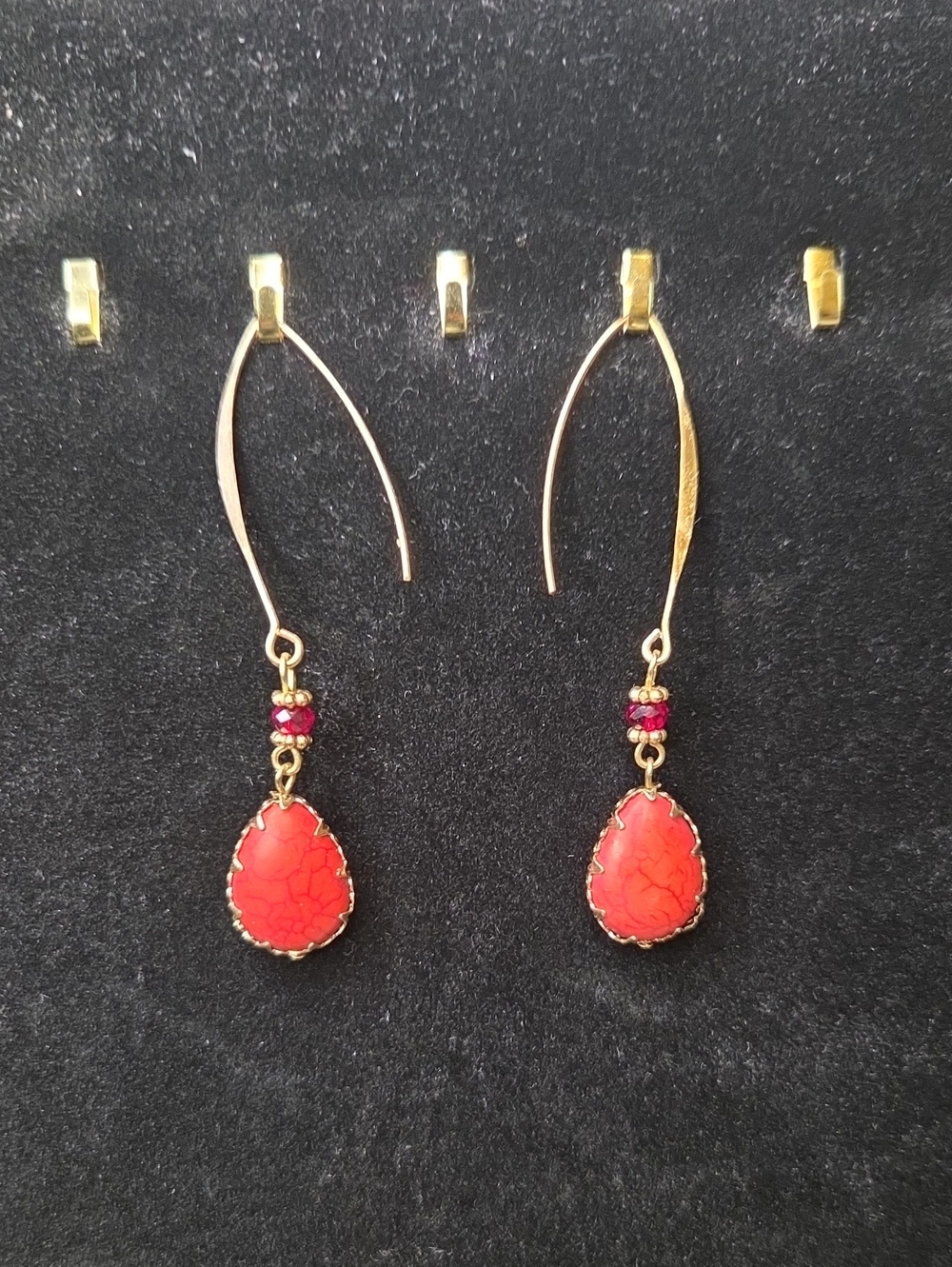 Gold Drop Earrings with Red Teardrop Stones